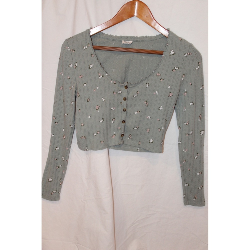 Cotton On Floral Ribbed Crop Top XS Green Long Sleeve Button Front